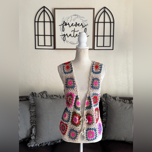 NATURAL LIFE Crochet Granny Square Colorful Boho Hippie Tie-Front Vest Size L/XL - Picture 4 of 14